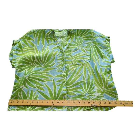 Sigrid Olsen Top Womens Size Medium Green/ Blue Palm Leaf 100% Linen Button Up - Picture 10 of 10